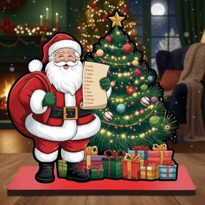 Christmas Wooden Display Stand, Red and White Festive Santa Scene with Tree, MDF Construction, 14 x 12.7 cm Tabletop Decor, Holiday Theme