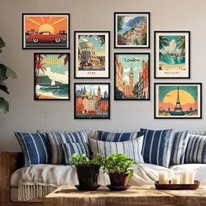 HOTHOUSE Retro Travel Theme City Vibes Wall Decor Photo Frames - Modern Art City Vibes Wall Decor Photo Frames - Wall Poster with Frame for Room Office Living Room Hotel Home Décor Set of 8 (Art 1, Small (10x13 or 10x10 inch), Framed)