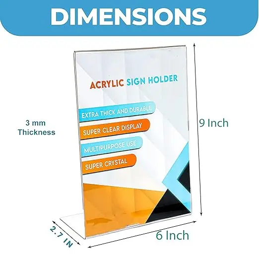 Acrylic Sign Holder 6 x 9 Inches Vertical, Desktop Slant Back Acrylic Sign Holder and Plastic L Shape Paper Display Stand for Restaurants, Office Desktop, Market, Library, Store, Pack of 10