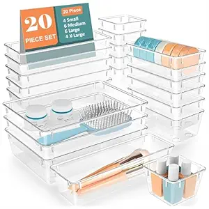 JD FRESH Polypropylene Set of 20 Drawer Organiser/Unbreakable Drawer Organizers/Dressing Table Organizer/Multi-Purpose Storage Boxes/Drawer Divider Tray for Kitchen/Bedroom/Office -(Clear Transparent)