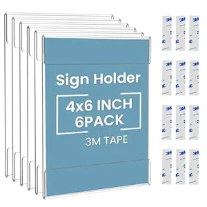 Acrylic Sign Holder with Adhesive Tape, Vertical Poster Holder, Clear Leaflet Holder, Wall-Mounted Transparent Sign Frame for Office, Restaurant, Store – 4 x 6 Inch (6 Pack)
