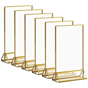6 Pcs A6 Acrylic Gold Signage Holders,4 X 6 Inch Clear Picture Frames With Gold Borders And Vertical Stand,Double Sided Table Menu Display Stand For Restaurant Signs,Wedding Table And Photos