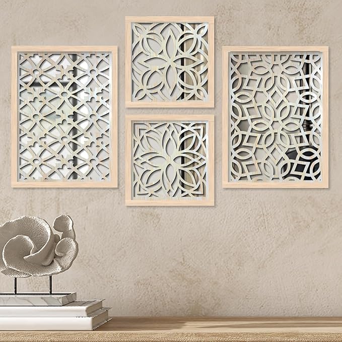 HOTHOUSE Jharokha Frames Mirror for Home Decor Full Panel Wood Mirrors for Home Art Decoration | Wall Mirror Décor Panel Wooden Frames Wall | Set of 4 (Mirror 1)