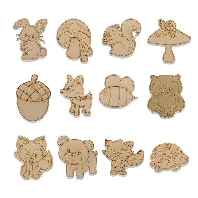 DIY MDF Board Animal Shape Cutouts Craft Set of 12 Painting Decoupage Material Canvas Activity kit Wood Products for Kids Art Work (2.5 mm) - Small