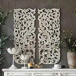 VAS Collection Home Floral MDF Wall Decoration Panel, Hanging Wood Carving Wall Decoration Panel for Living Room, Bedroom, Hallway, Office (12" X 27"Inch, White Antique) -Set of 2