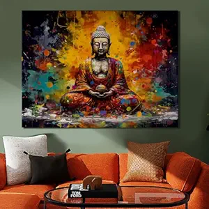 PAPER PLANE DESIGN Sitting Gautam Buddha Meditation Antique Design Large Wall Art Canvas Framed Painting for Home Decoration Abstract Colorfull Lord Buddha for Office Living Room Space(18X24 Inch,A)